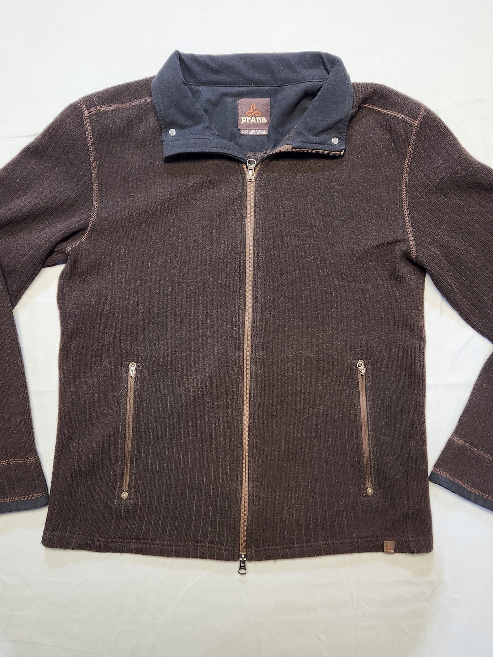 prAna Barclay Men’s Full Zip Sweater Jacket Wool Blend Cocoa Size Large Gorpcore